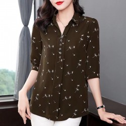 Casual Button Spliced Polo Neck Floral Printed Loose Women Tops - Brown