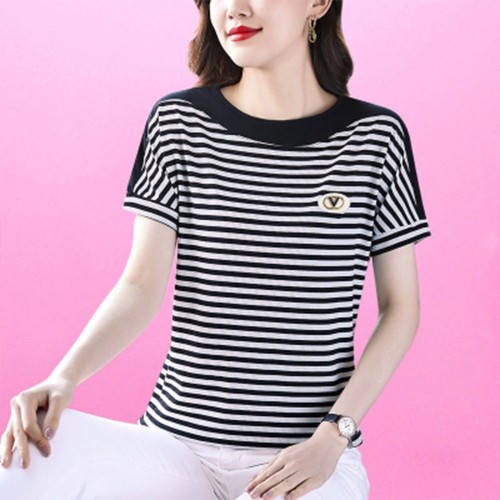 Women Short-Sleeve Horizontal Striped T-Shirt - Black|image