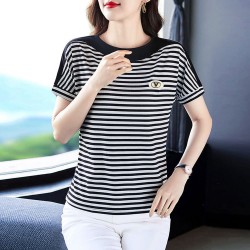 Women Short-Sleeve Horizontal Striped T-Shirt - Black