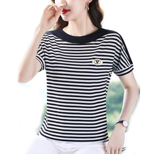 Women Short-Sleeve Horizontal Striped T-Shirt - Black|image