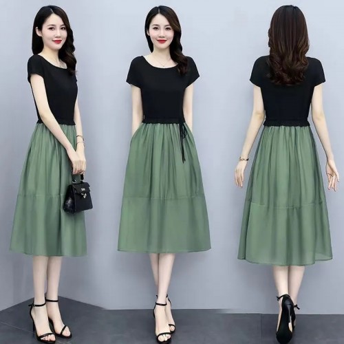 Classic Black Top and Green Skirt Midi Dress |image