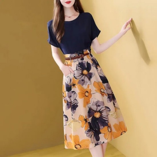 Women Short Sleeve Chiffon Blouse And A Line Floral Maxi Skirt - Blue |image
