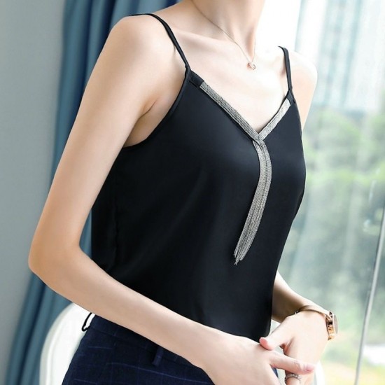 Women Suspender Tops Stylish V-neck Satin Camisole Elegant Loose Sleeveless - Black |image