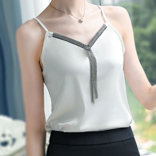 Women Suspender Tops Stylish V-neck Satin Camisole Elegant Loose Sleeveless - White |image