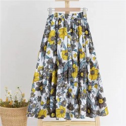 Women Floral Print Cotton Casual Elastic High Waist Skirts - Yellow