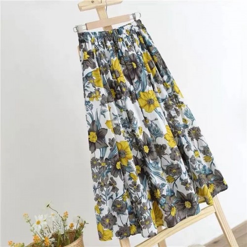 Women Floral Print Cotton Casual Elastic High Waist Skirts - Yellow |image