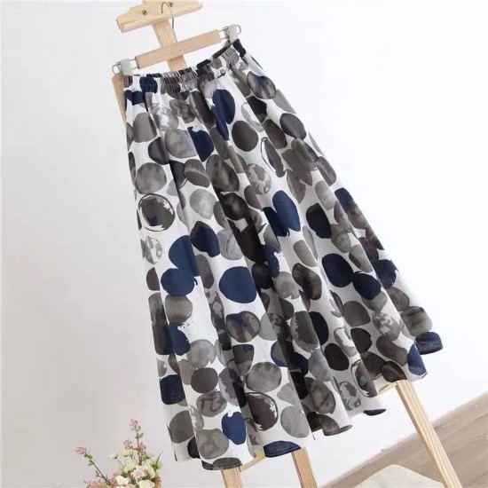 Women Floral Print Cotton Casual Elastic High Waist Skirts - Grey |image