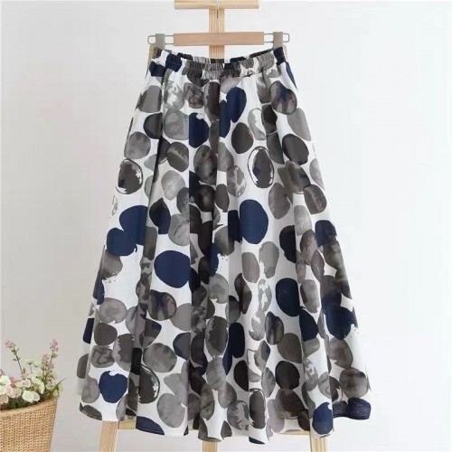 Women Floral Print Cotton Casual Elastic High Waist Skirts - Grey |image