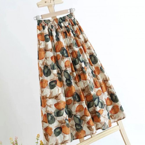 Women Floral Print Cotton Casual Elastic High Waist Skirts - Orange |image