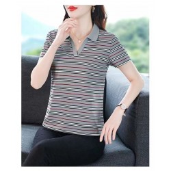 Women Short Sleeves Striped Print Casual Shirts - Grey