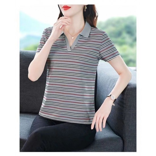Women Short Sleeves Striped Print Casual Shirts - Grey |image