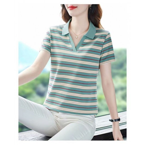 Women Short Sleeves Striped Print Casual Shirts - Green |image