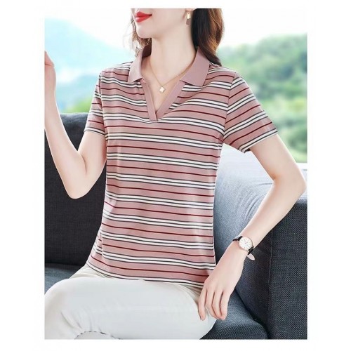 Women Short Sleeves Striped Print Casual Shirts - Pink |image