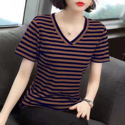  Women Chic Dark Brown Striped T-Shirt with Comfort Fit |image