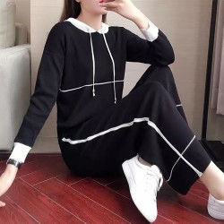 Women Relaxed Fit Black Trim Hoodie and Pants Set