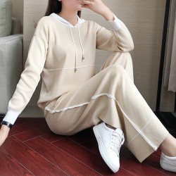 Women Relaxed Fit Cream Trim Hoodie and Pants Set