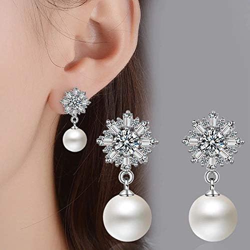 Earrings With Clear Snowflake Design Simulated Pearl Cubic-Silver |image