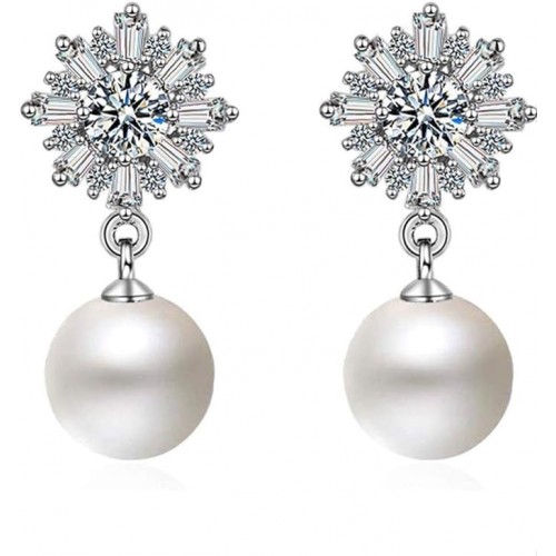 Earrings With Clear Snowflake Design Simulated Pearl Cubic-Silver |image