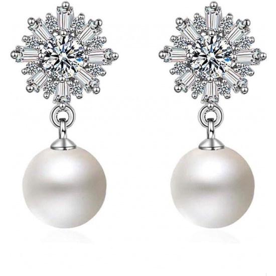 Earrings With Clear Snowflake Design Simulated Pearl Cubic-Silver |image