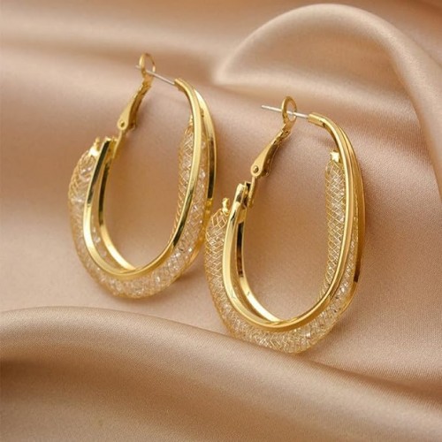 Glamorous Gold Mesh Hoop Earrings With Crystals For Women