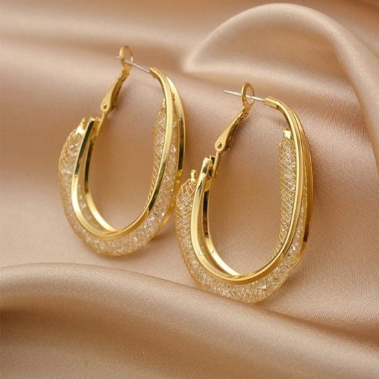 Glamorous Gold Mesh Hoop Earrings With Crystals For Women