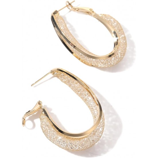 Glamorous Gold Mesh Hoop Earrings With Crystals For Women