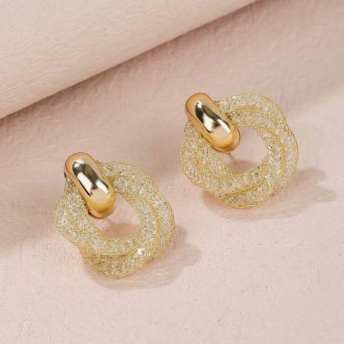 Metal Gold Mesh Hoop Earrings With Crystals |image