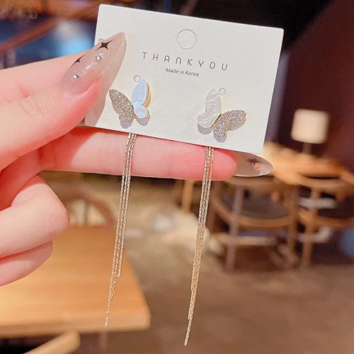 Mathiang Fashion Crystal Butterfly Long Tassel Earrings Gold Color |image