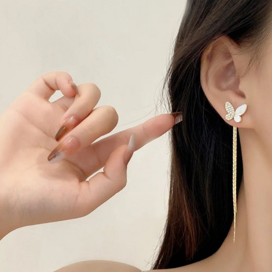 Mathiang Fashion Crystal Butterfly Long Tassel Earrings Gold Color |image