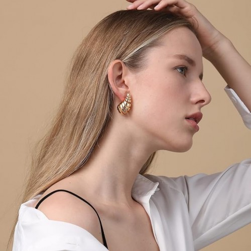 Spiral Chunky Gold Hoop Lightweight Dangle Earrings |image