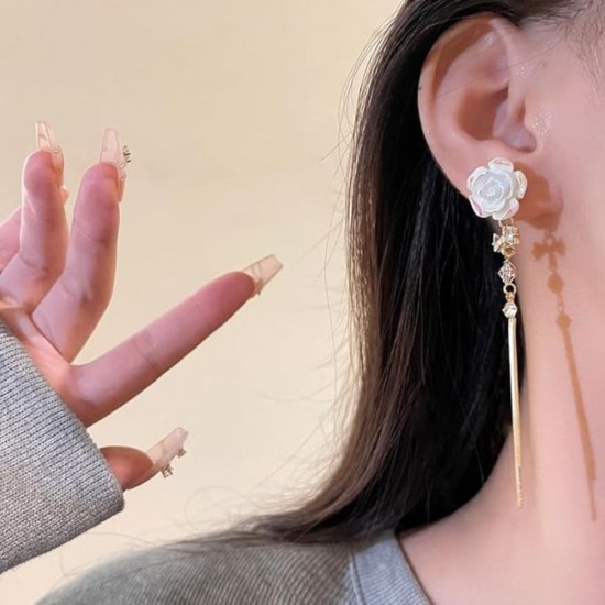 Unique Design Rose Flower Butterfly Bowknot Tassel Earrings - Gold