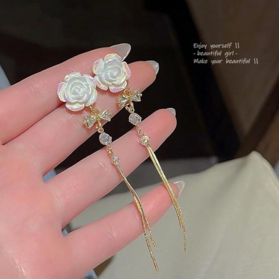 Unique Design Rose Flower Butterfly Bowknot Tassel Earrings - Gold