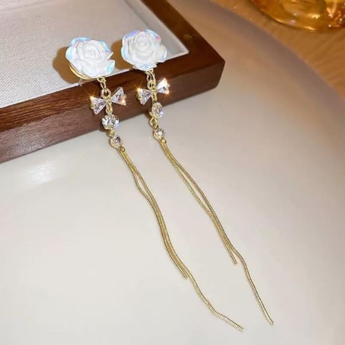 Unique Design Rose Flower Butterfly Bowknot Tassel Earrings - Gold