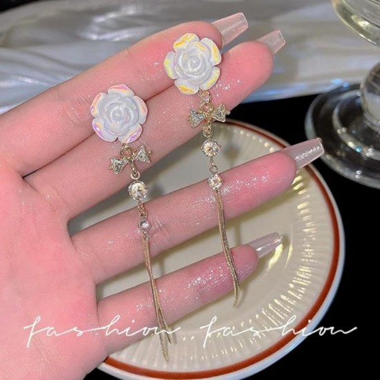 Unique Design Rose Flower Butterfly Bowknot Tassel Earrings - Gold