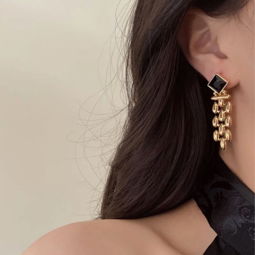 Gold Color Silver Needle Black Stone High Quality Earrings |image