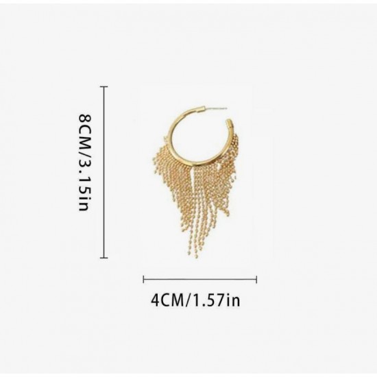 A close-up photo of a hand holding a pair of gold hoop earrings with delicate fringe chains. Fashion Tassel Design Hoop Earrings For Women|image