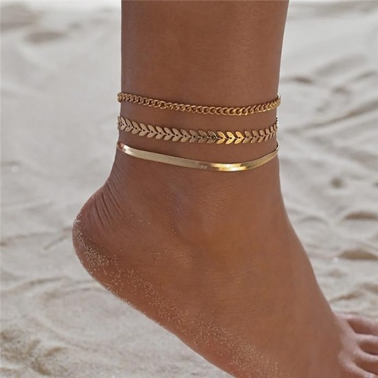 3 PCS Set Ankle Metal Chain And Leaf Anklets Set |image