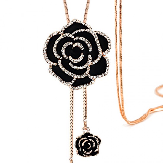 Black rose necklace with sparkling rhinestones and a flower pendant Black Fashion Long Chain Black Rose Pendant-Gold |image