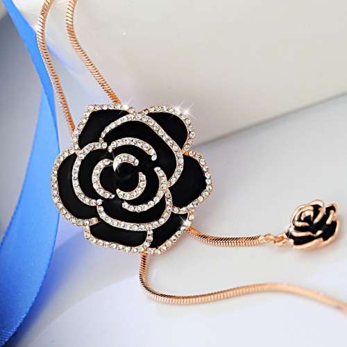 Black Fashion Long Chain Black Rose Pendant-Gold |image