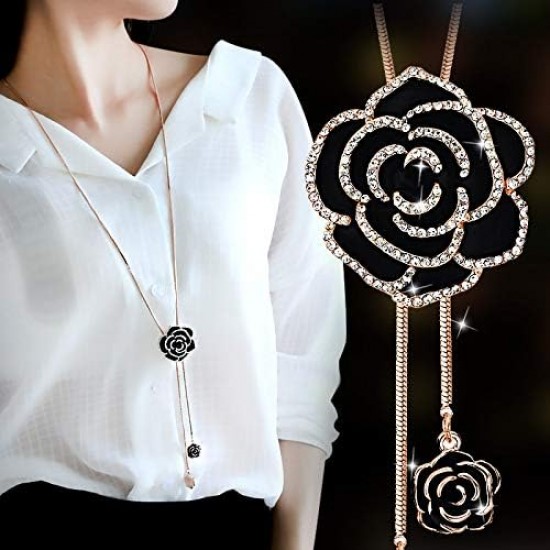 Black rose necklace with sparkling rhinestones and a flower pendant Black Fashion Long Chain Black Rose Pendant-Gold |image