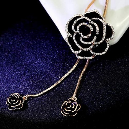 Black rose necklace with sparkling rhinestones and a flower pendant Black Fashion Long Chain Black Rose Pendant-Gold |image