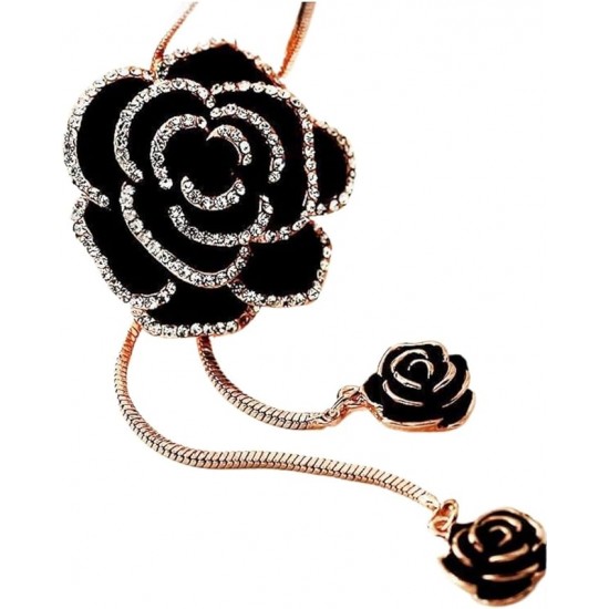 Black rose necklace with sparkling rhinestones and a flower pendant Black Fashion Long Chain Black Rose Pendant-Gold |image