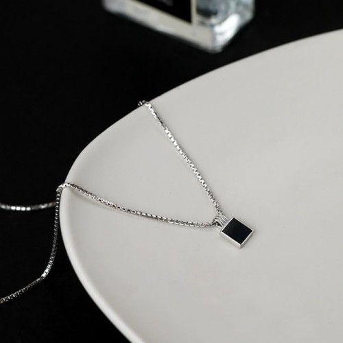 Silver Necklace With Black Square Pendant |image