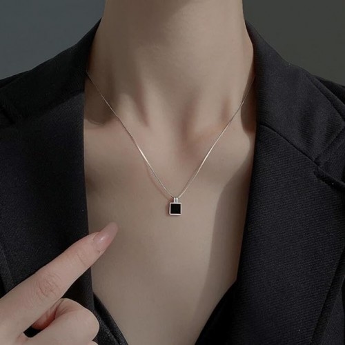 Silver Necklace With Black Square Pendant |image