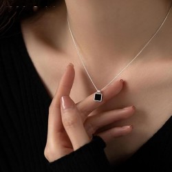 Silver Necklace With Black Square Pendant