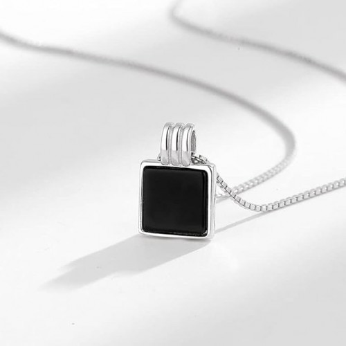 Silver Necklace With Black Square Pendant |image