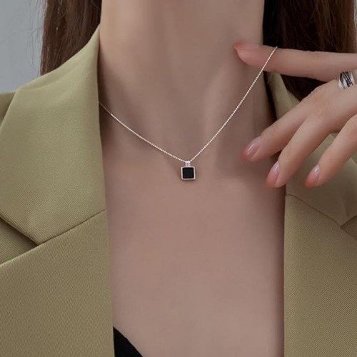 Silver Necklace With Black Square Pendant |image