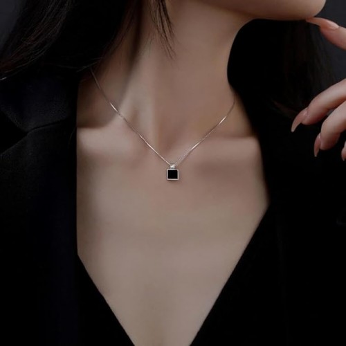 Silver Necklace With Black Square Pendant |image