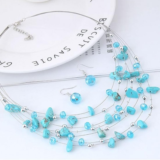 Bohemian Multi Layer Crystal Necklace Set For Women-Light Blue |image
