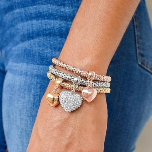 Gorgeous Heart Charm set of 3 Bracelets in Gold, Rose & Silver |image